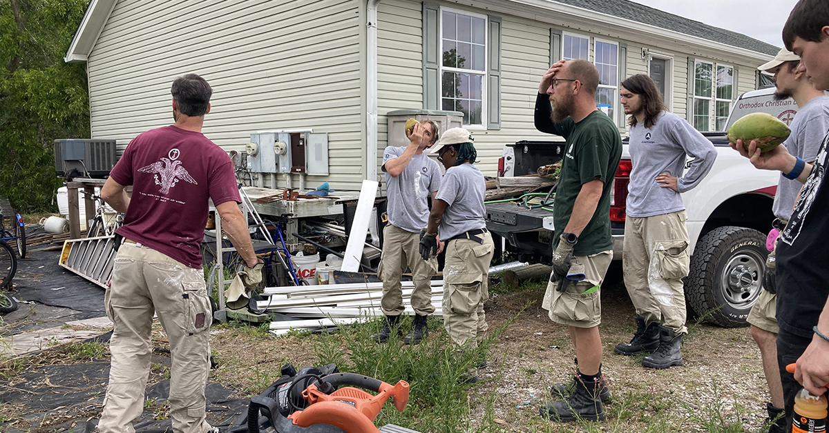 Volunteers taking a break from working
