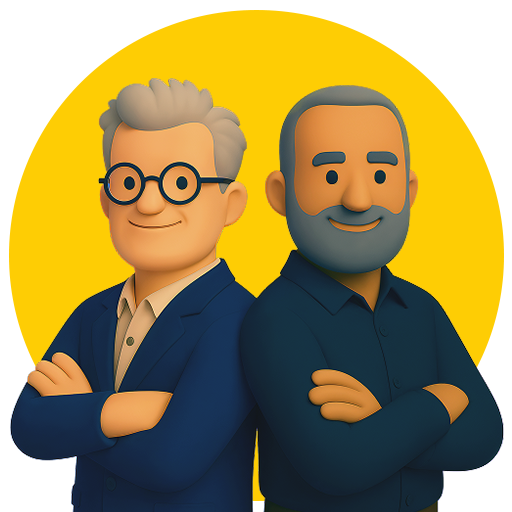 Bob and Mike together outdoors with greenery in the background